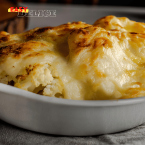 Gratin de chou-fleur doré, servi dans un plat gratiné avec une belle croûte au fromage.