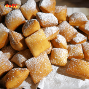 Beignets feuilletés dorés et saupoudrés de sucre, prêts à être dégustés.