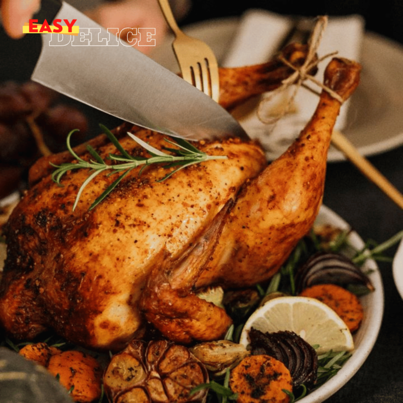 Poularde dorée et juteuse, servie avec des légumes de saison dans un plat de fête.