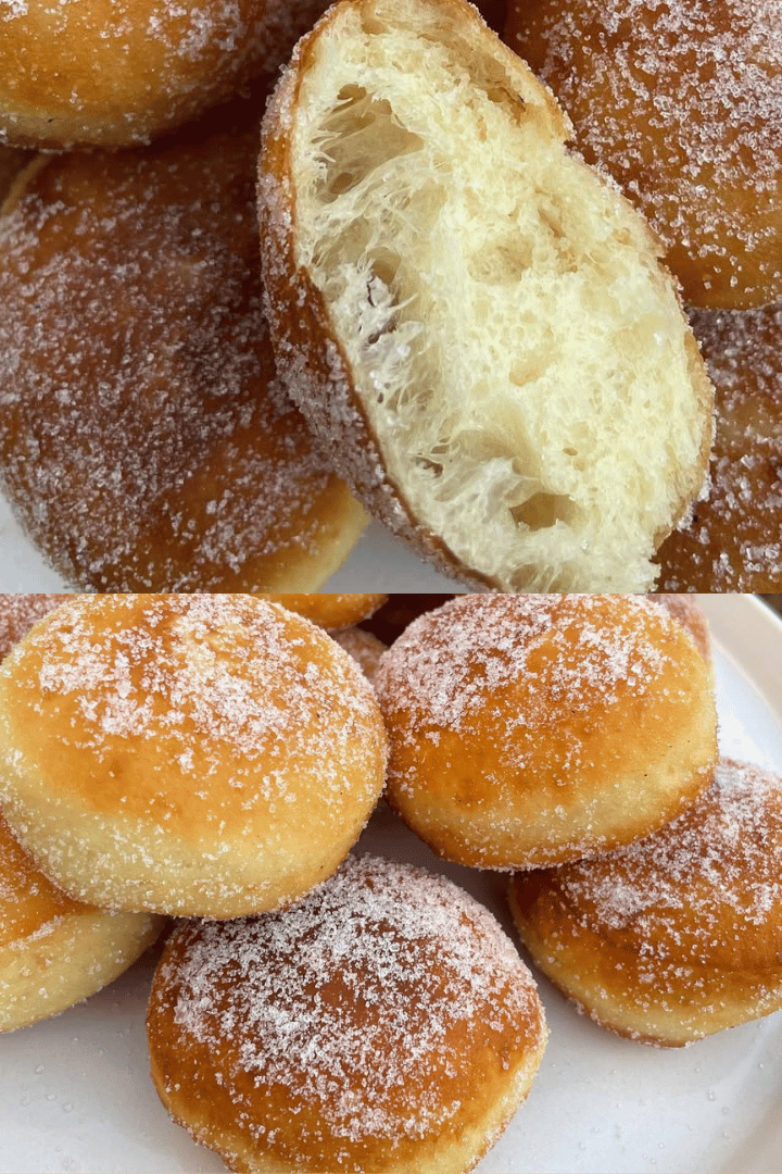 Beignets moelleux dorés, garnis de Nutella, empilés sur une assiette avec un sucre poudré scintillant.