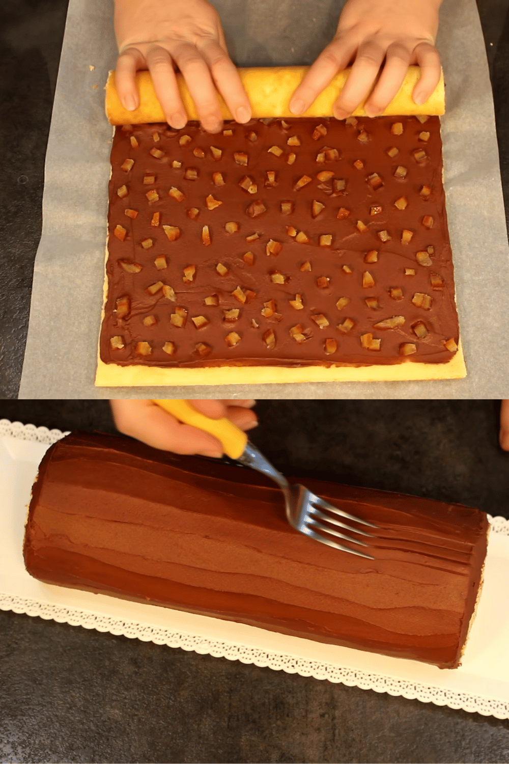 Bûche de Noël au chocolat et orange, élégamment décorée avec des zestes d’orange confite et une ganache brillante.