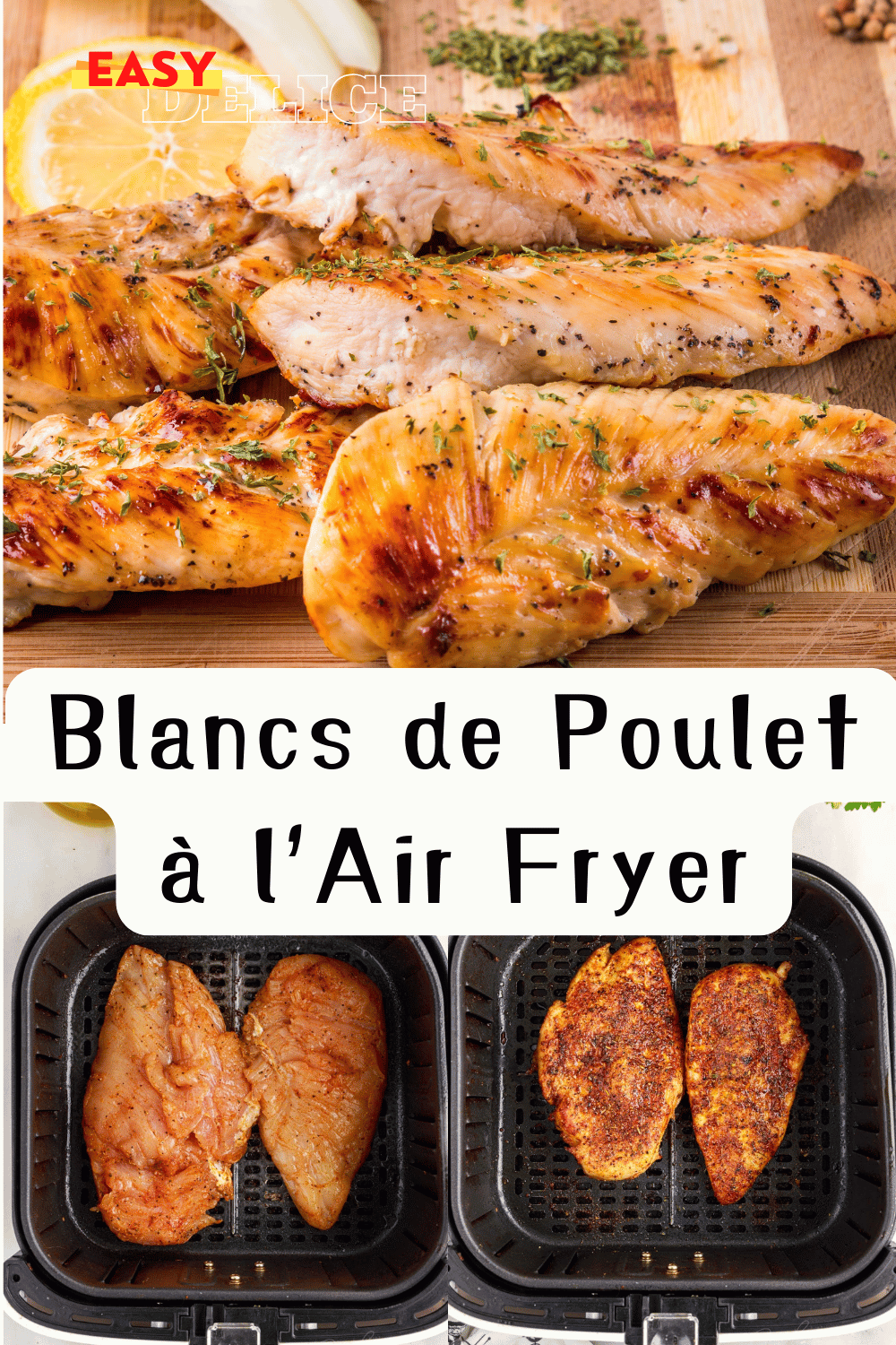 Blancs de poulet dorés et juteux, cuits au Air Fryer, servis avec des légumes grillés.