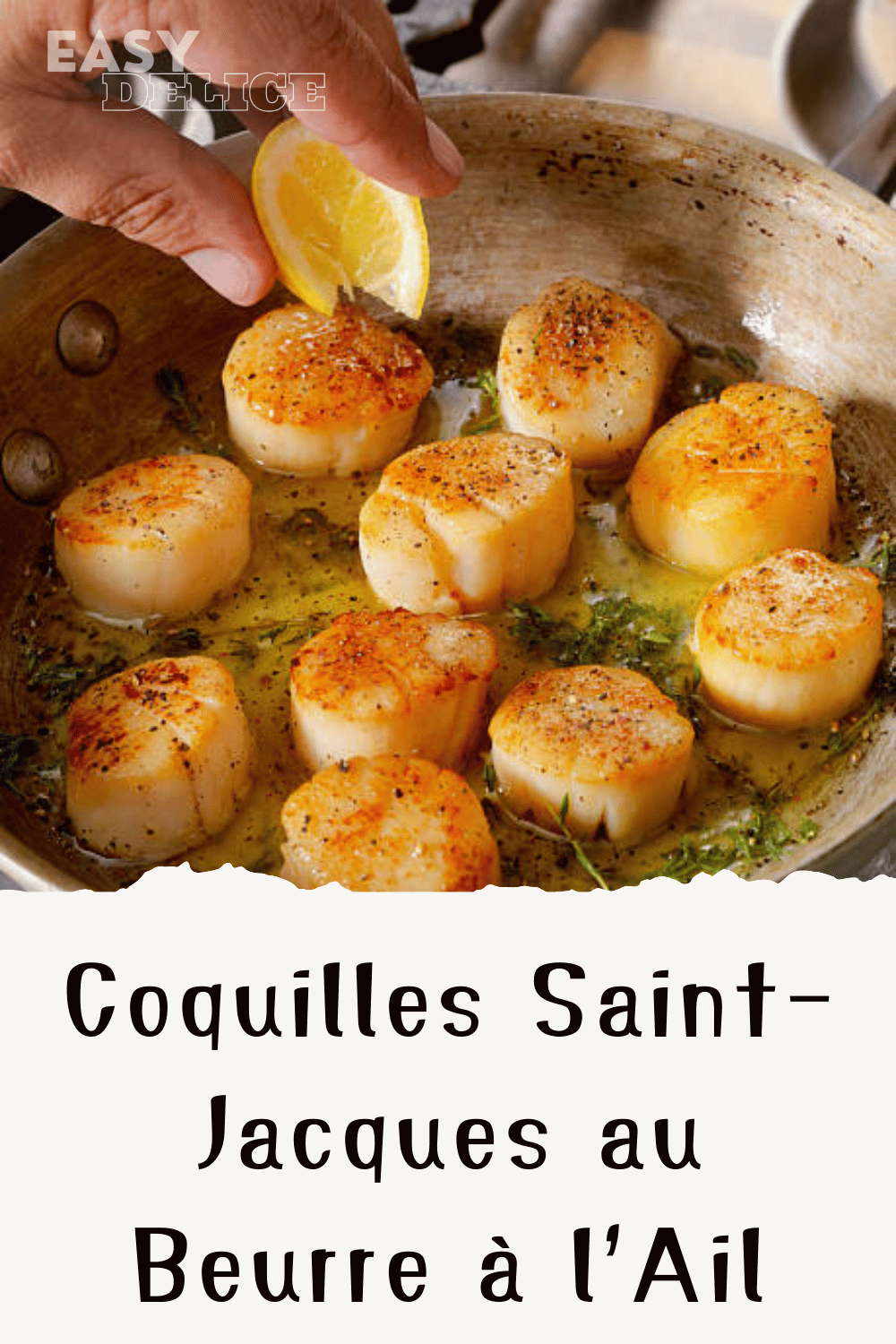 Coquilles Saint-Jacques gratinées au beurre à l’ail avec une croûte dorée de Parmesan et chapelure, servies avec des tranches de citron.