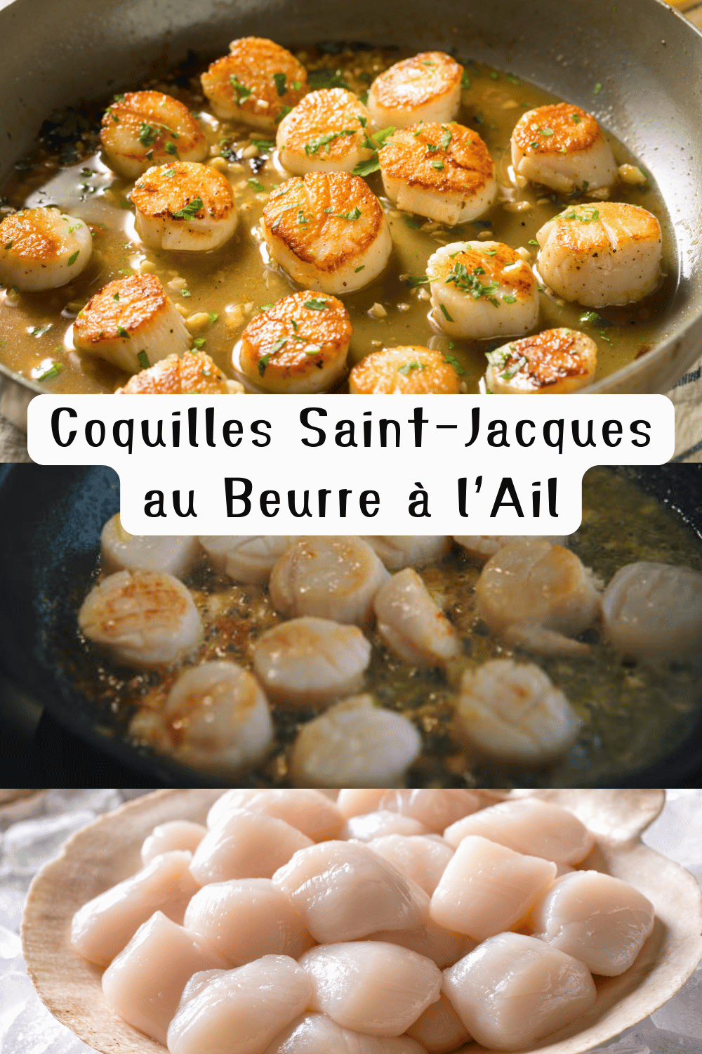 Coquilles Saint-Jacques gratinées au beurre à l’ail avec une croûte dorée de Parmesan et chapelure, servies avec des tranches de citron.