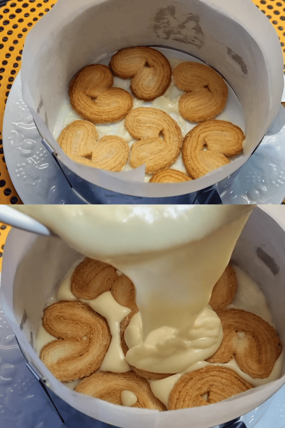 Gâteau Napoléon sans cuisson, monté avec des couches de biscuits feuilletés et une crème onctueuse, décoré de miettes dorées.