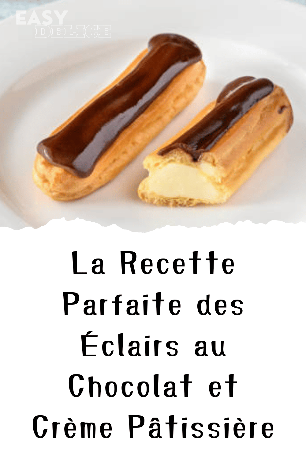 Éclairs au chocolat nappés de glaçage brillant et garnis de crème pâtissière, présentés sur une assiette élégante.