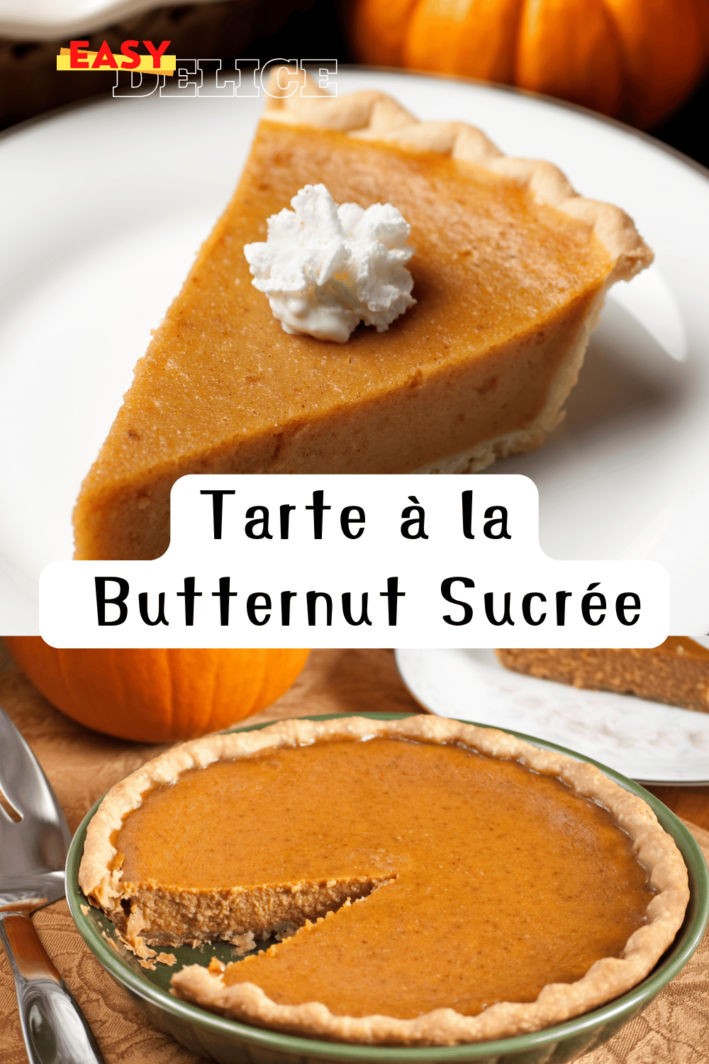  Tarte à la butternut sucrée garnie de crème onctueuse et d’épices, servie sur une table automnale.