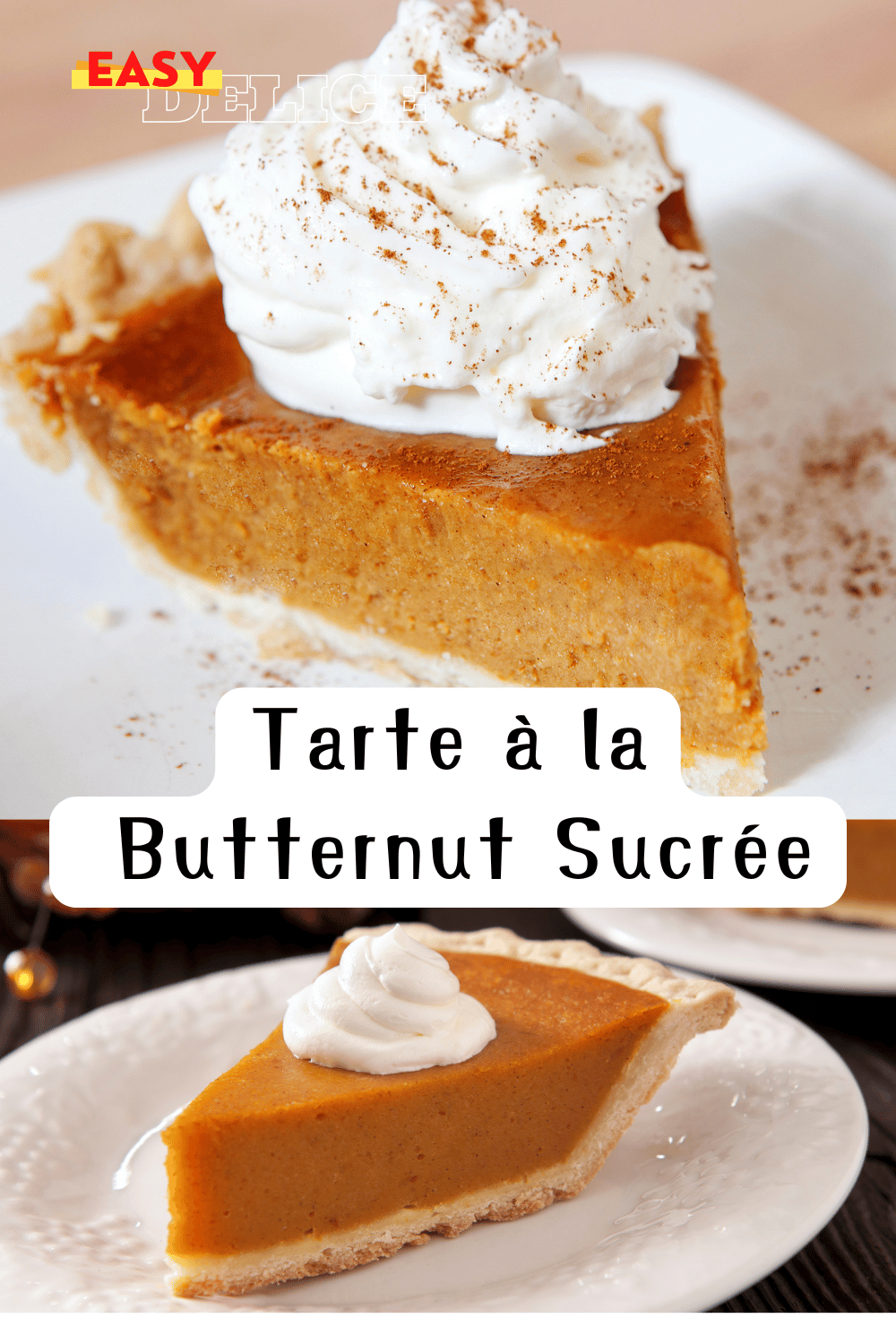  Tarte à la butternut sucrée garnie de crème onctueuse et d’épices, servie sur une table automnale.