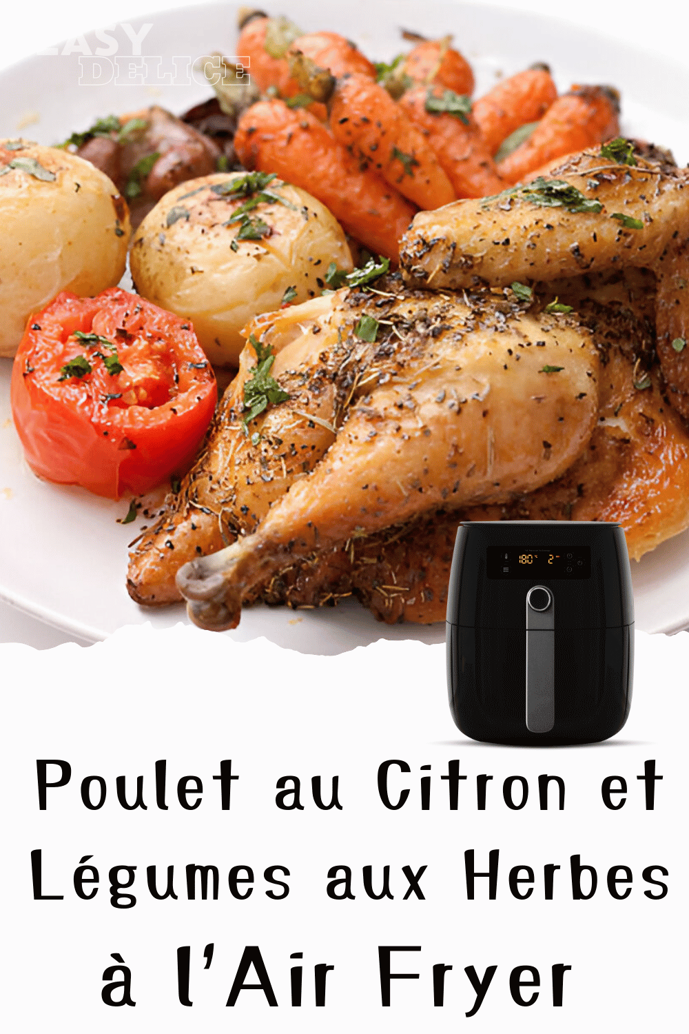 Poulet au citron doré accompagné de légumes rôtis dans un plat