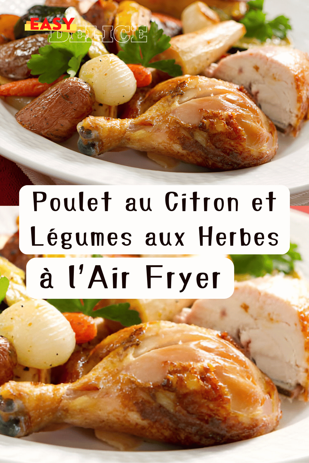 Poulet au citron doré accompagné de légumes rôtis dans un plat