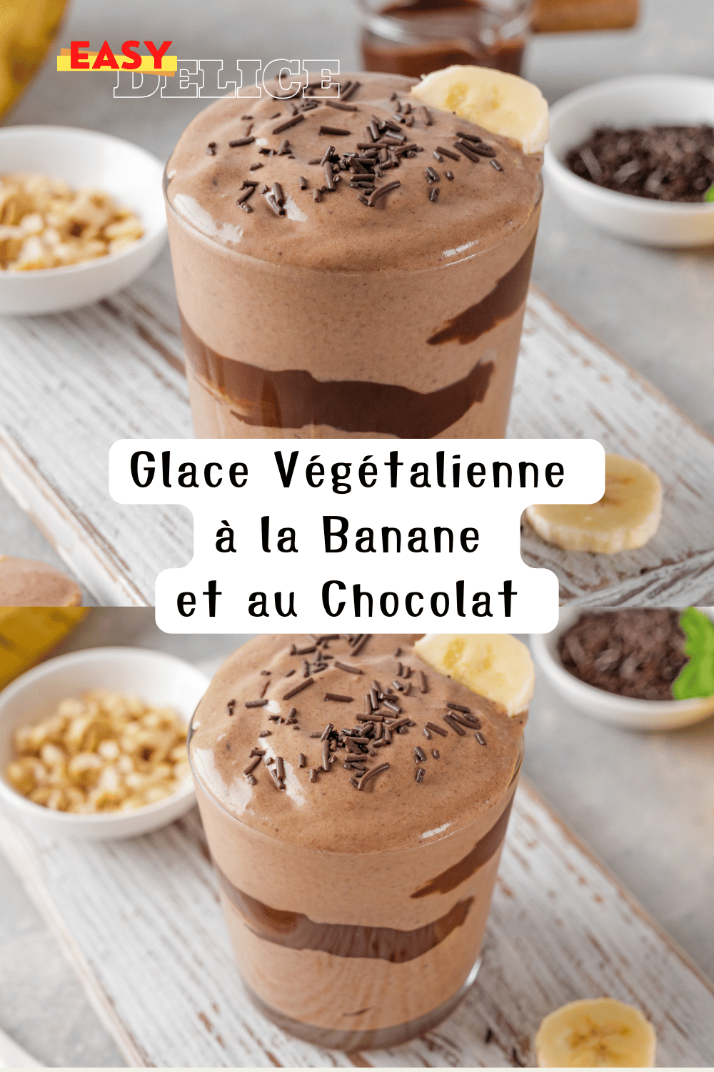 Glace végan banane et chocolat servie dans un bol, garnie de pépites de chocolat et de tranches de bananes.