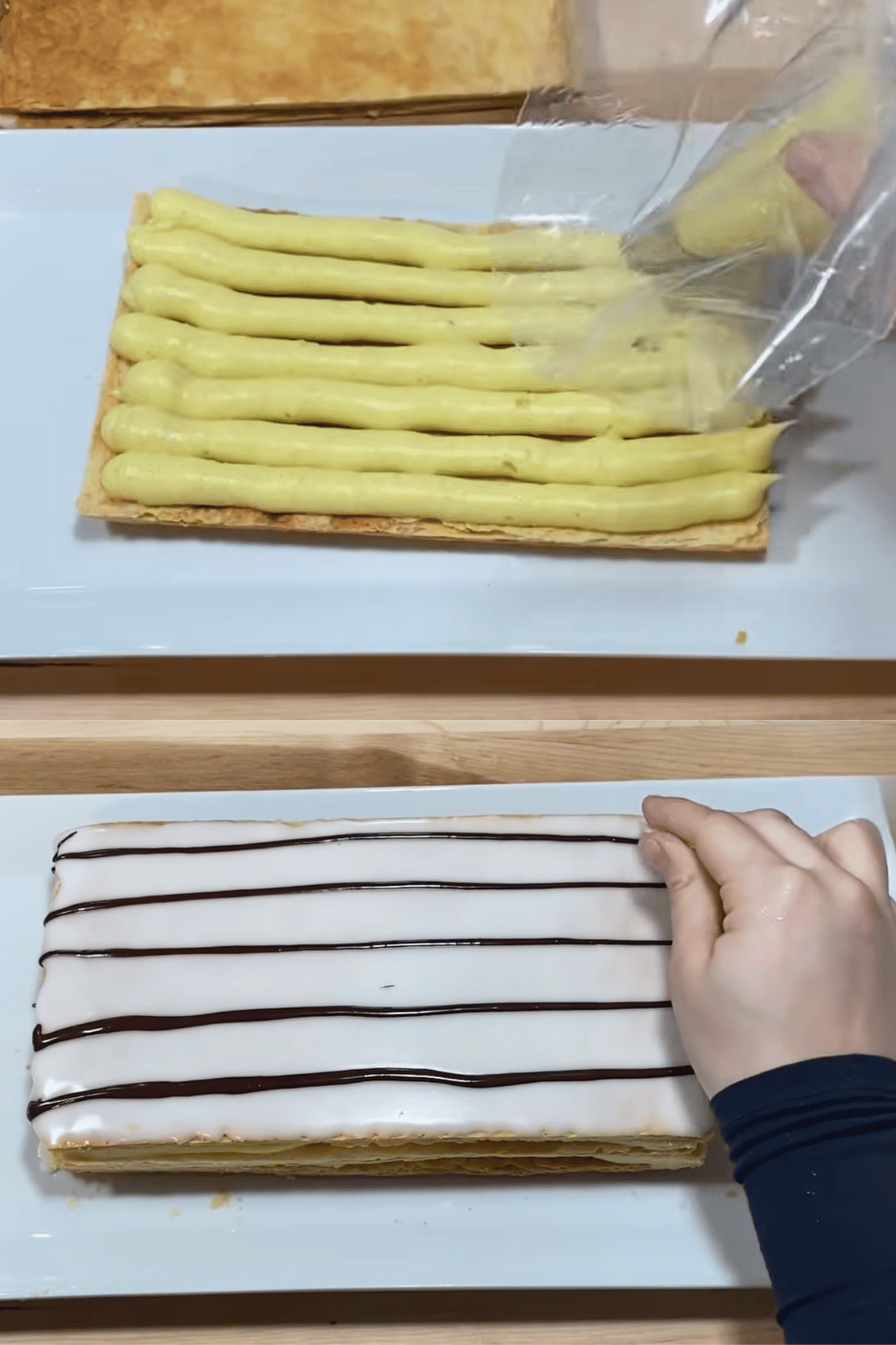 Mille-feuille maison, alternant couches de pâte feuilletée croustillante et crème pâtissière, décoré avec un glaçage classique au chocolat.