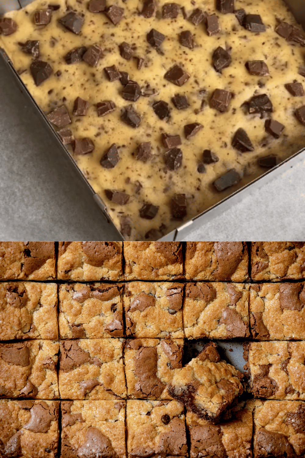 Cookie géant doré, garni de pépites de chocolat et nappé de pâte à tartiner, coupé en parts sur une planche en bois.