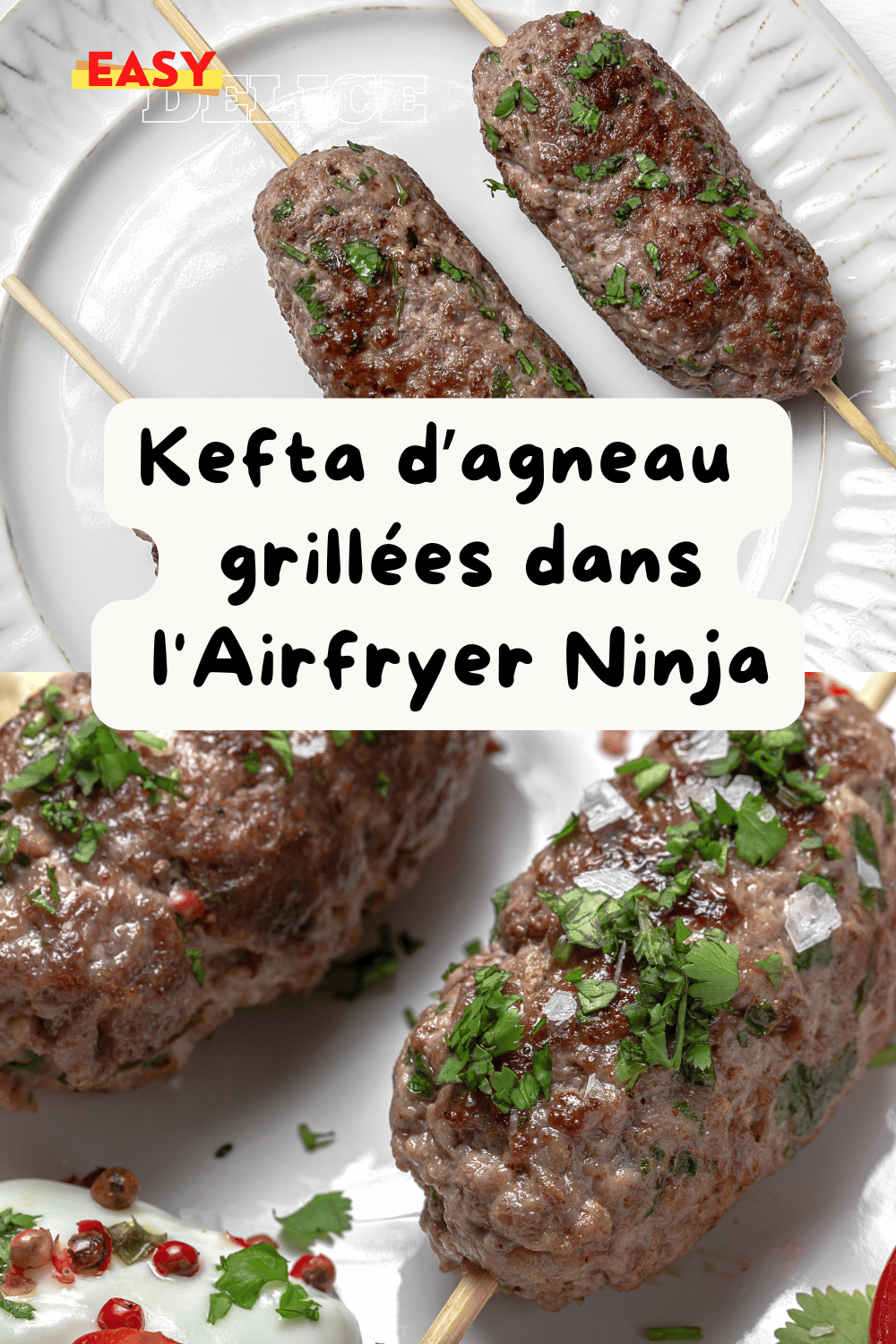 Brochettes de kefta d'agneau grillées avec des quartiers d'aubergines, prêtes dans l'Airfryer Ninja.