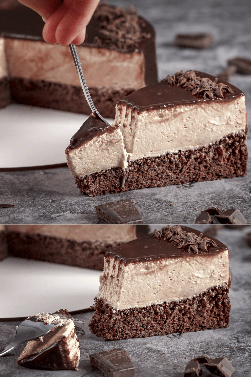 Gâteau mousse au café, décoré de copeaux de chocolat et servi avec une tasse de café fumant.