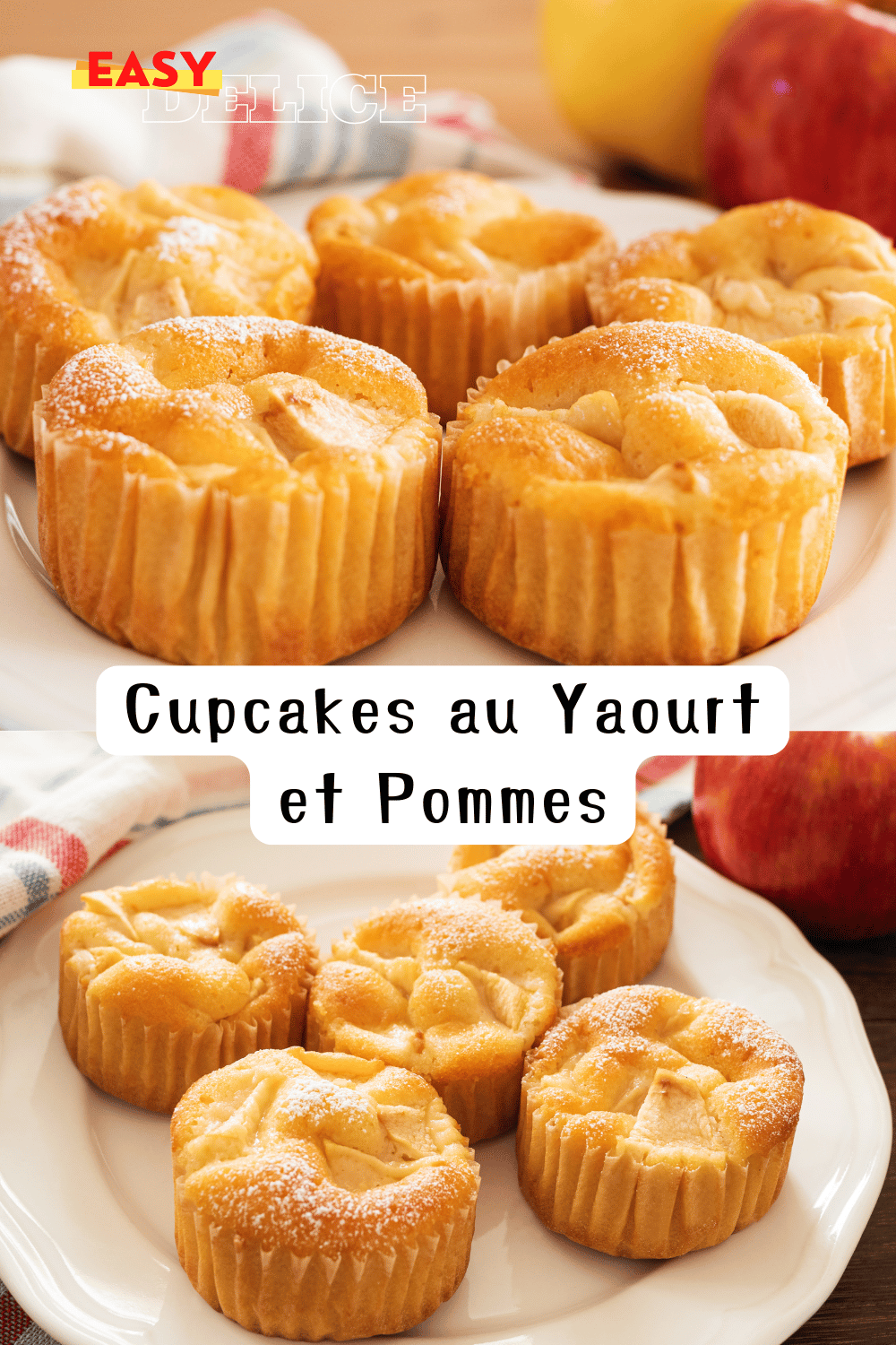 Cupcakes au yaourt et pommes dorés, surmontés de morceaux de pommes et saupoudrés de sucre glace