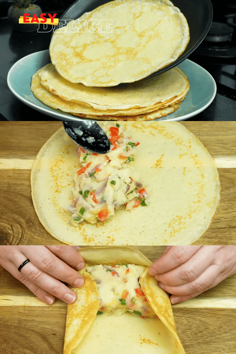 Crêpes fourrées aux pommes de terre, dorées et croustillantes, servies sur une assiette avec une sauce d’accompagnement.