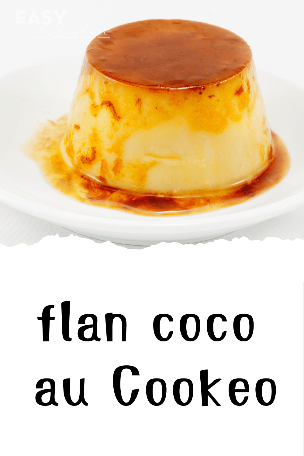 Flan coco doré et fondant, servi dans une assiette avec une garniture de noix de coco râpée.