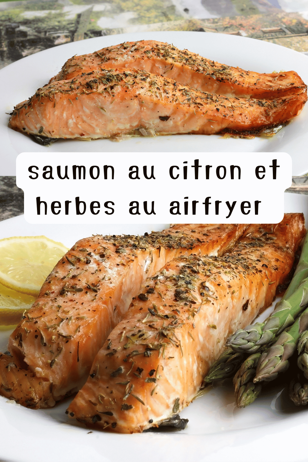 Plat de saumon au citron et herbes préparé dans un airfryer, servi sur une assiette élégante.