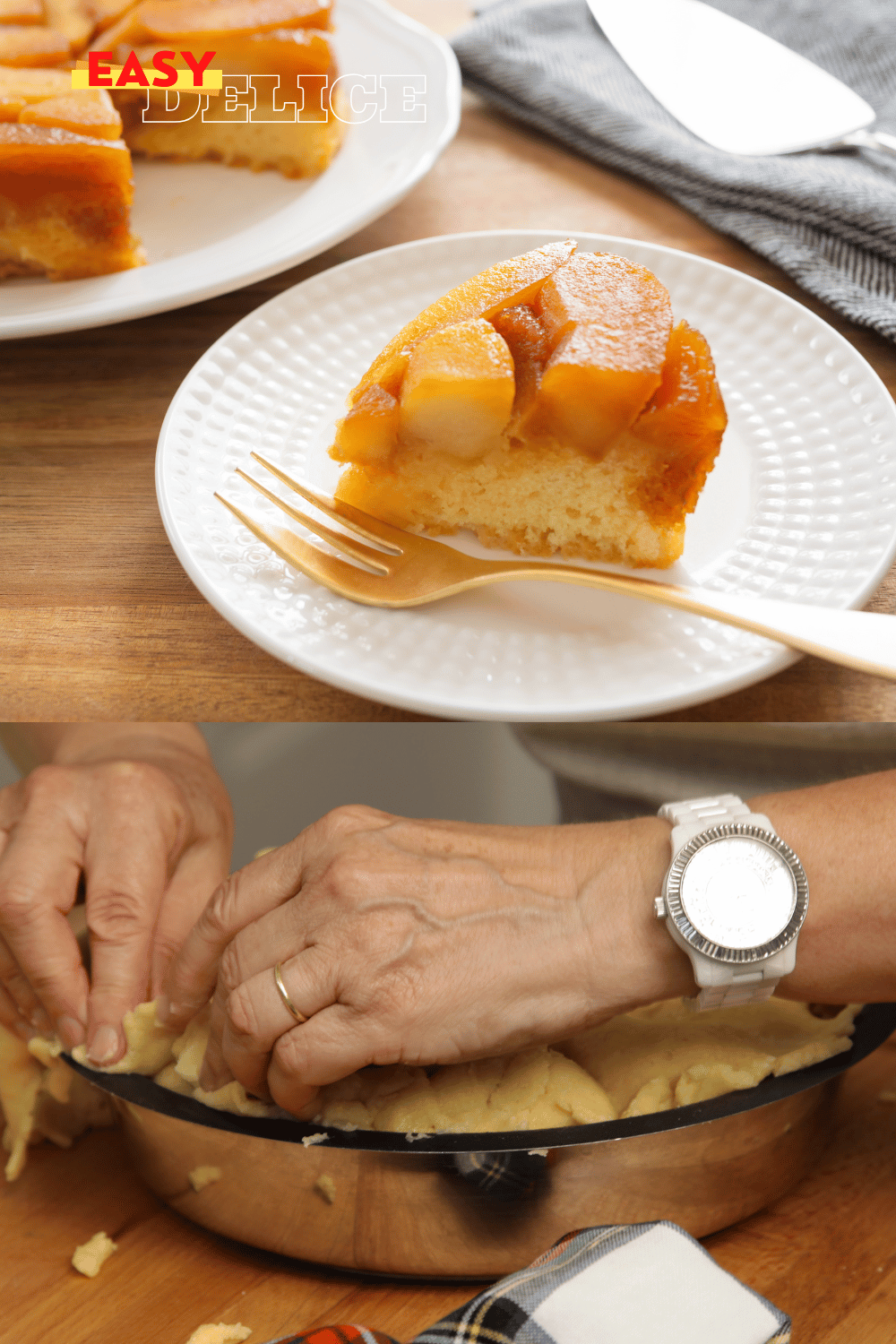 Tarte Tatin dorée et caramélisée servie avec une boule de glace vanille