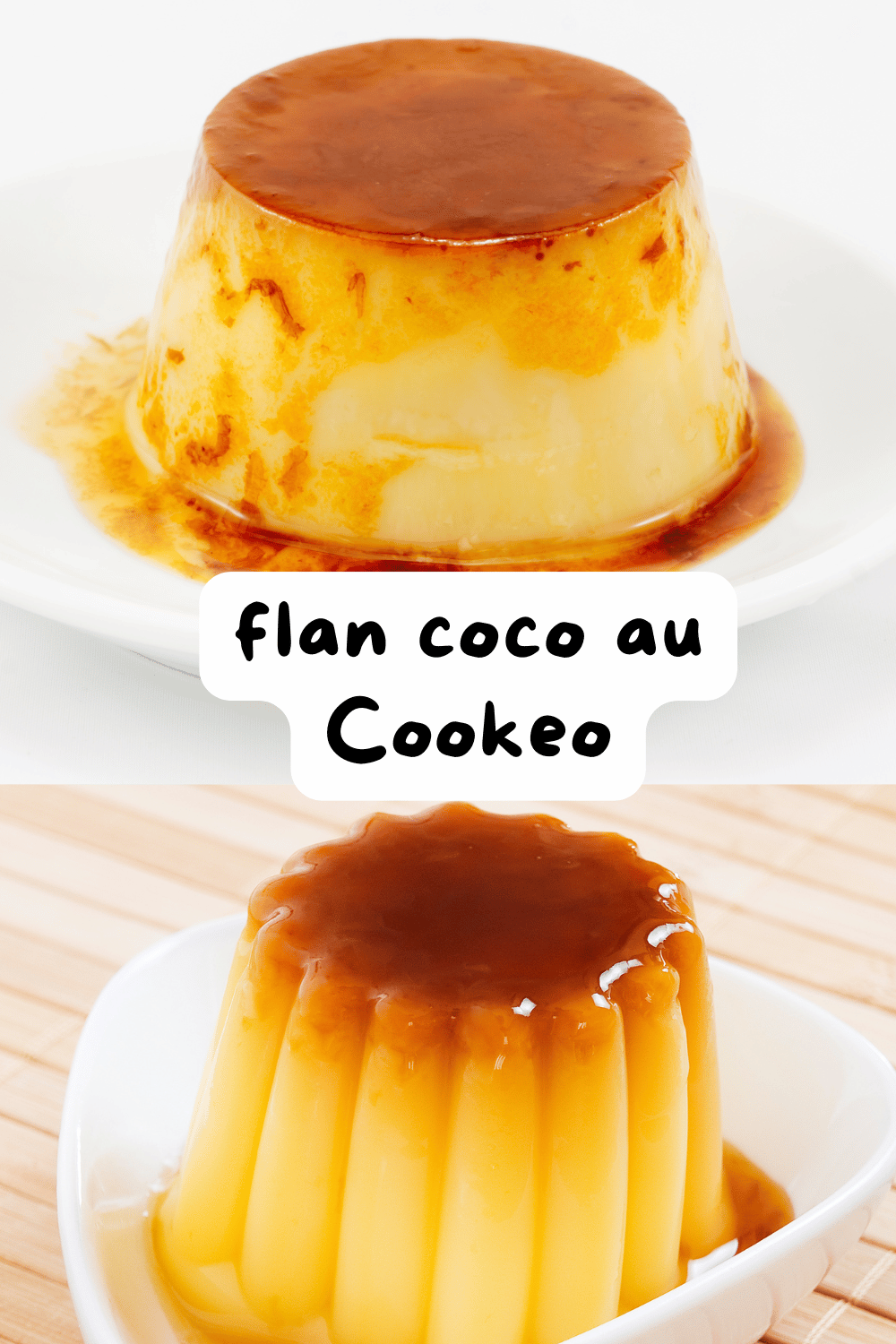 Flan coco doré et fondant, servi dans une assiette avec une garniture de noix de coco râpée.