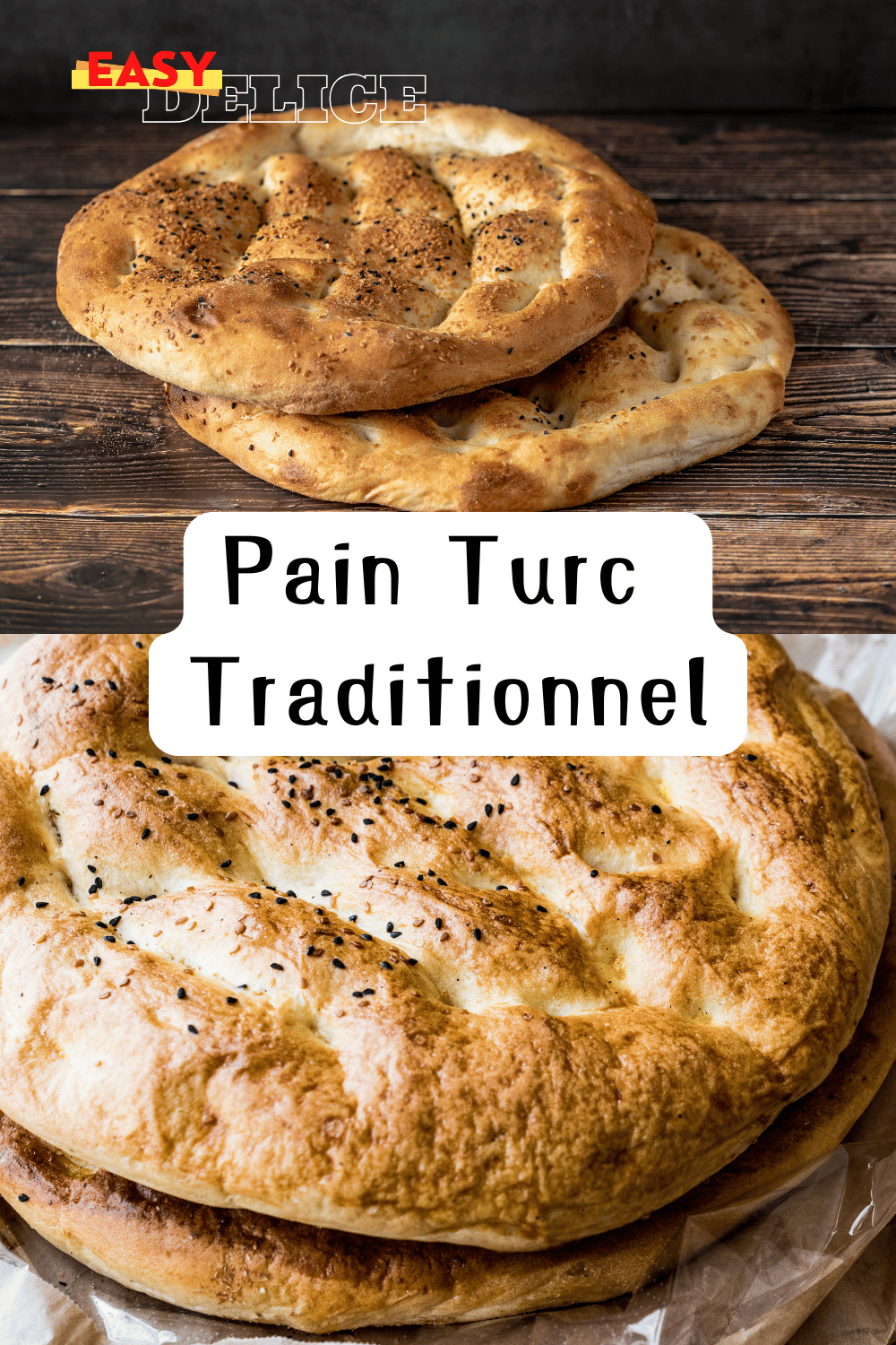 Pain pide doré, saupoudré de graines de sésame et de nigelle, servi sur une table festive.