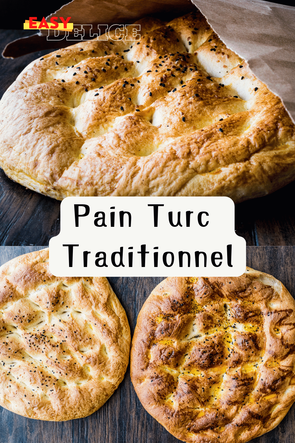 Pain pide doré, saupoudré de graines de sésame et de nigelle, servi sur une table festive.