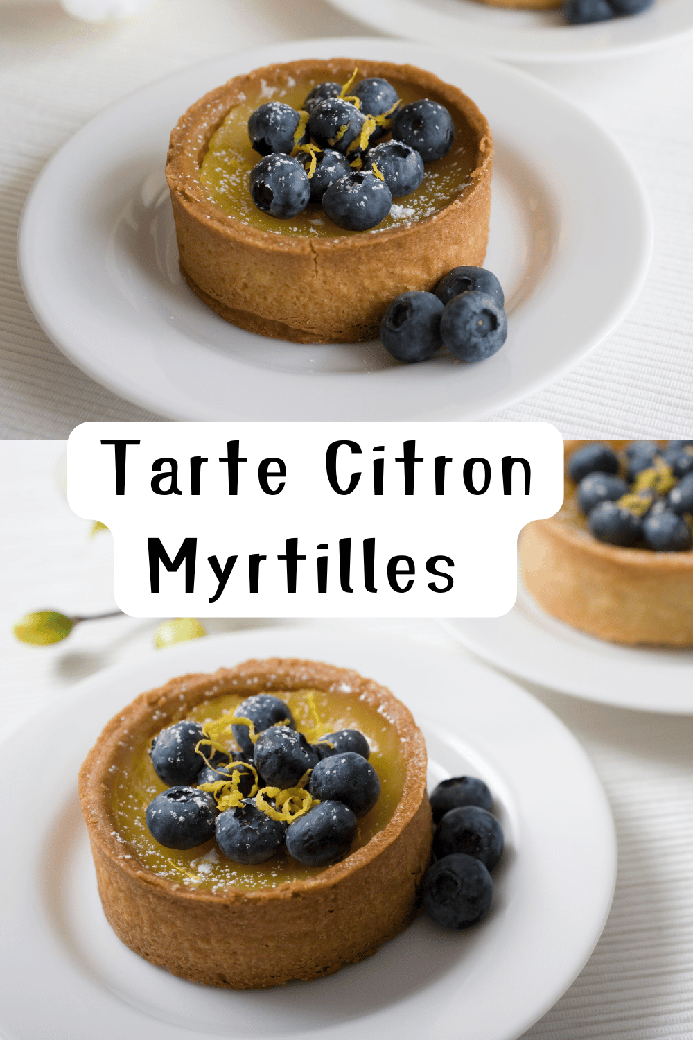 Tarte citron myrtilles garnie de fruits frais, présentée sur un plateau élégant.

