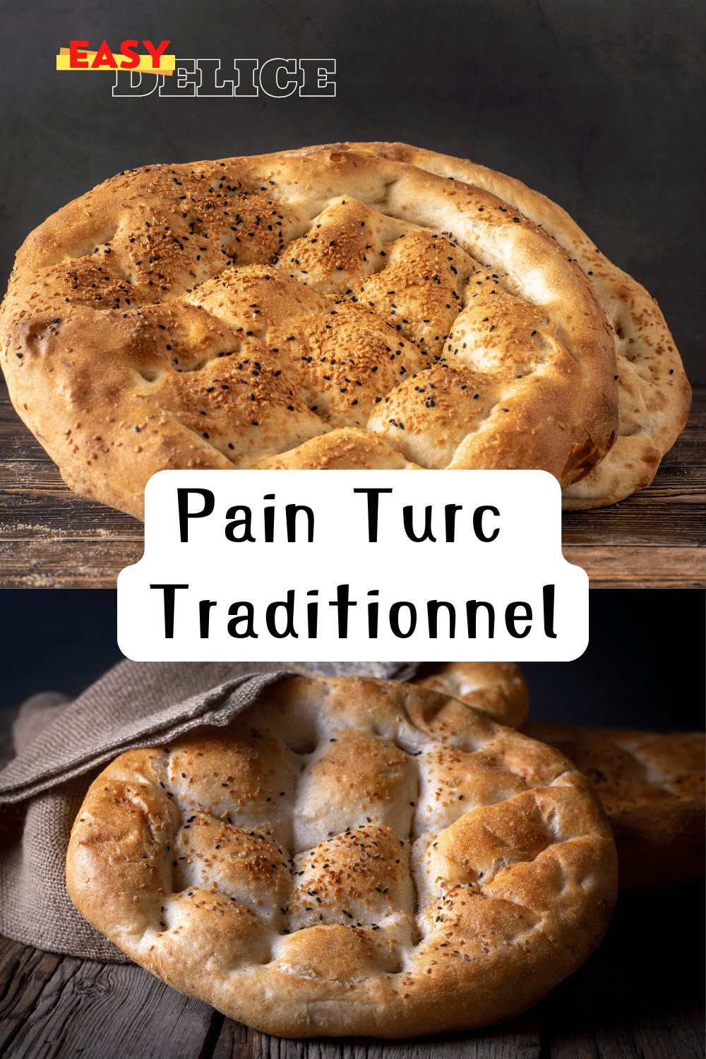 Pain pide doré, saupoudré de graines de sésame et de nigelle, servi sur une table festive.