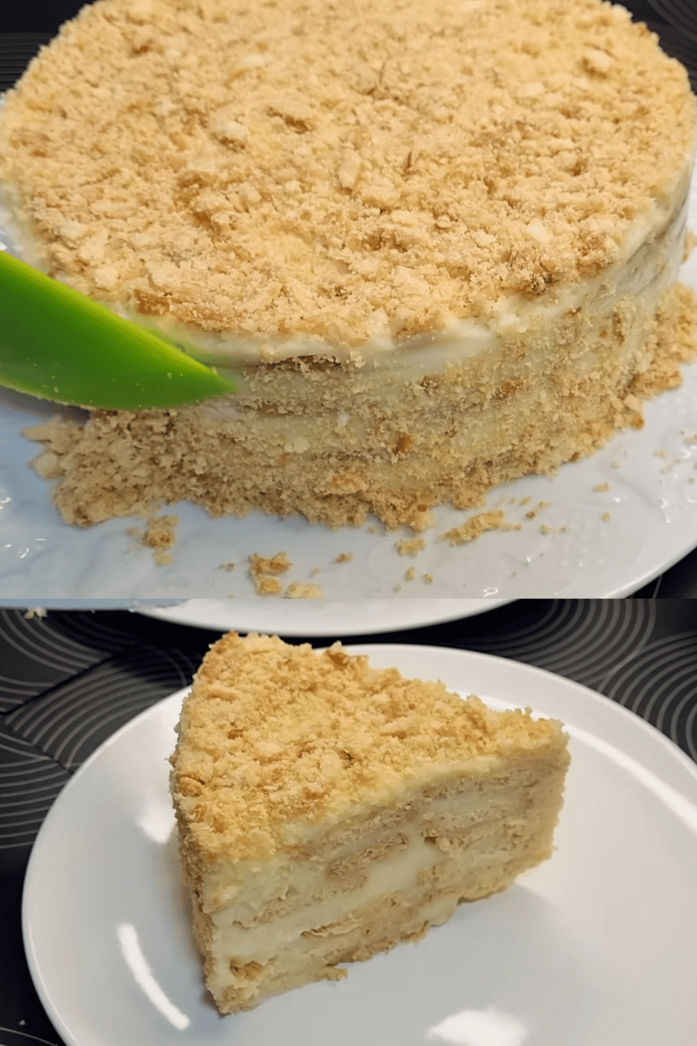 Gâteau Napoléon sans cuisson, monté avec des couches de biscuits feuilletés et une crème onctueuse, décoré de miettes dorées.