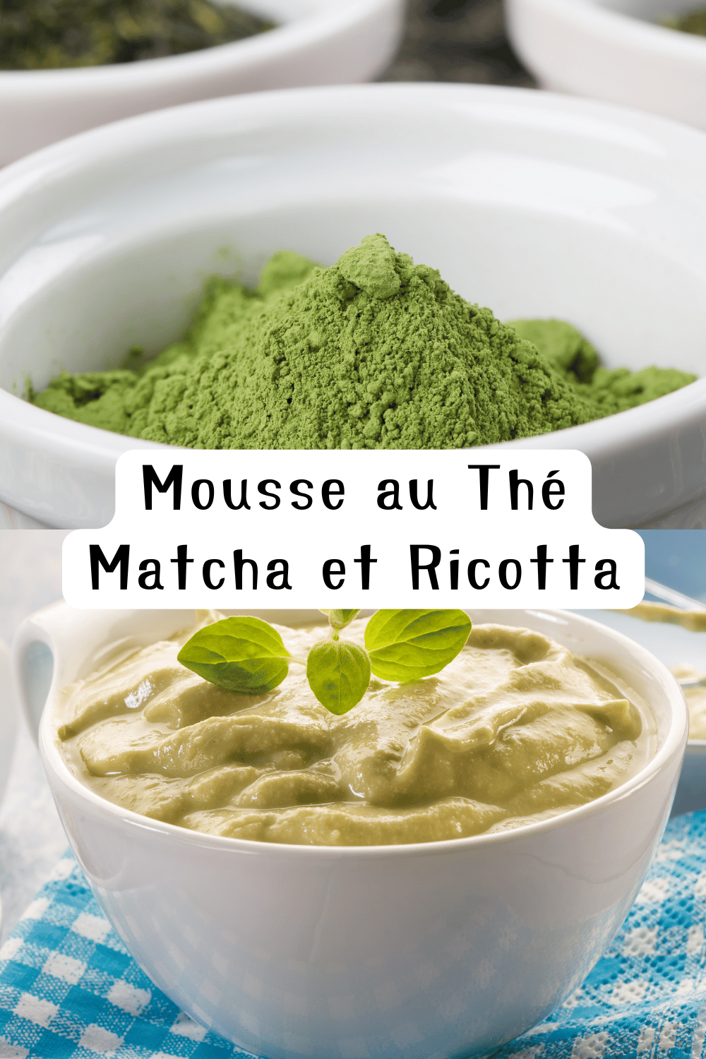 Mousse au thé matcha et ricotta joliment dressée dans des verrines avec une décoration de matcha saupoudré