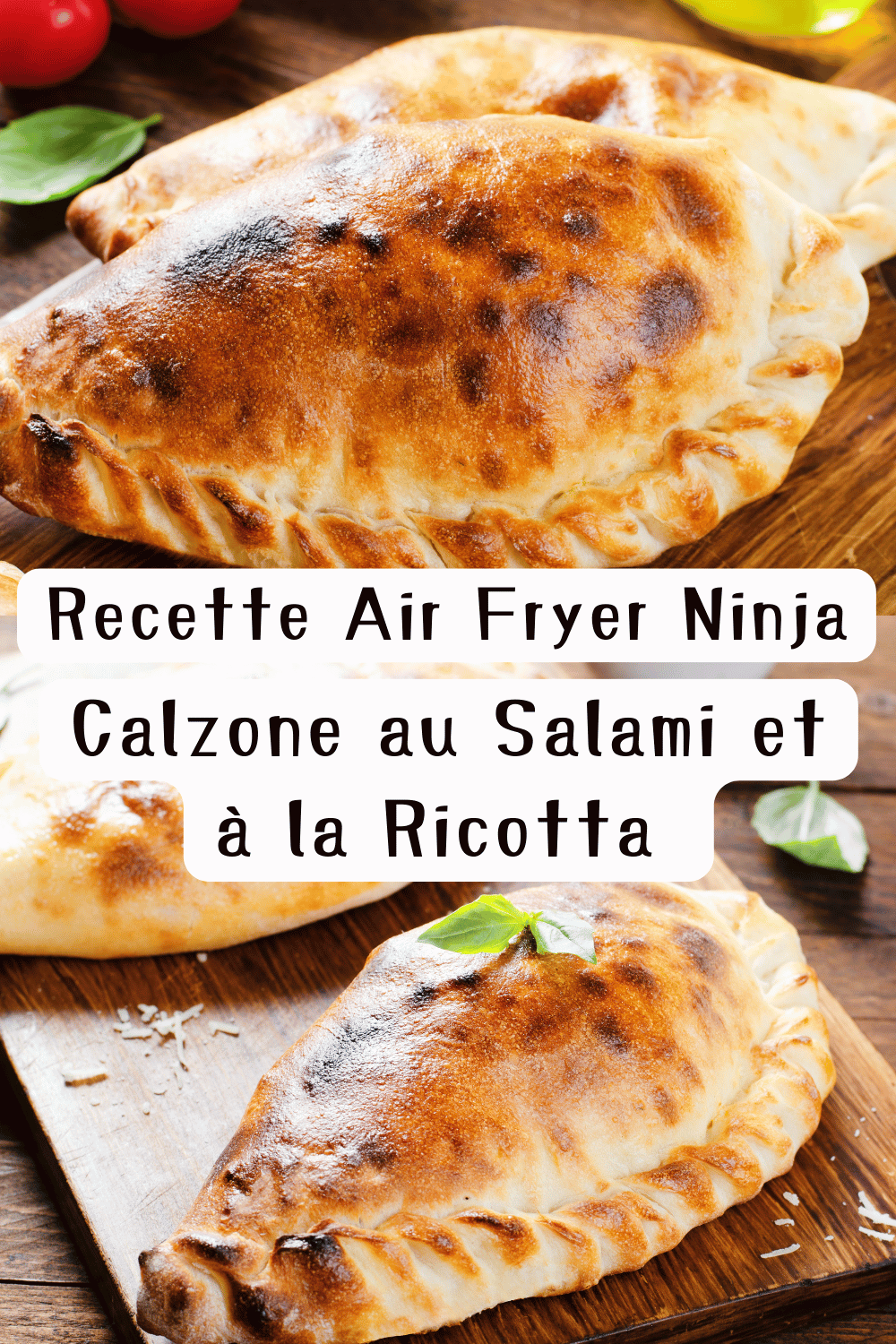 Calzone doré au salami et à la ricotta sorti de l’Air Fryer, tranché avec une garniture fondante