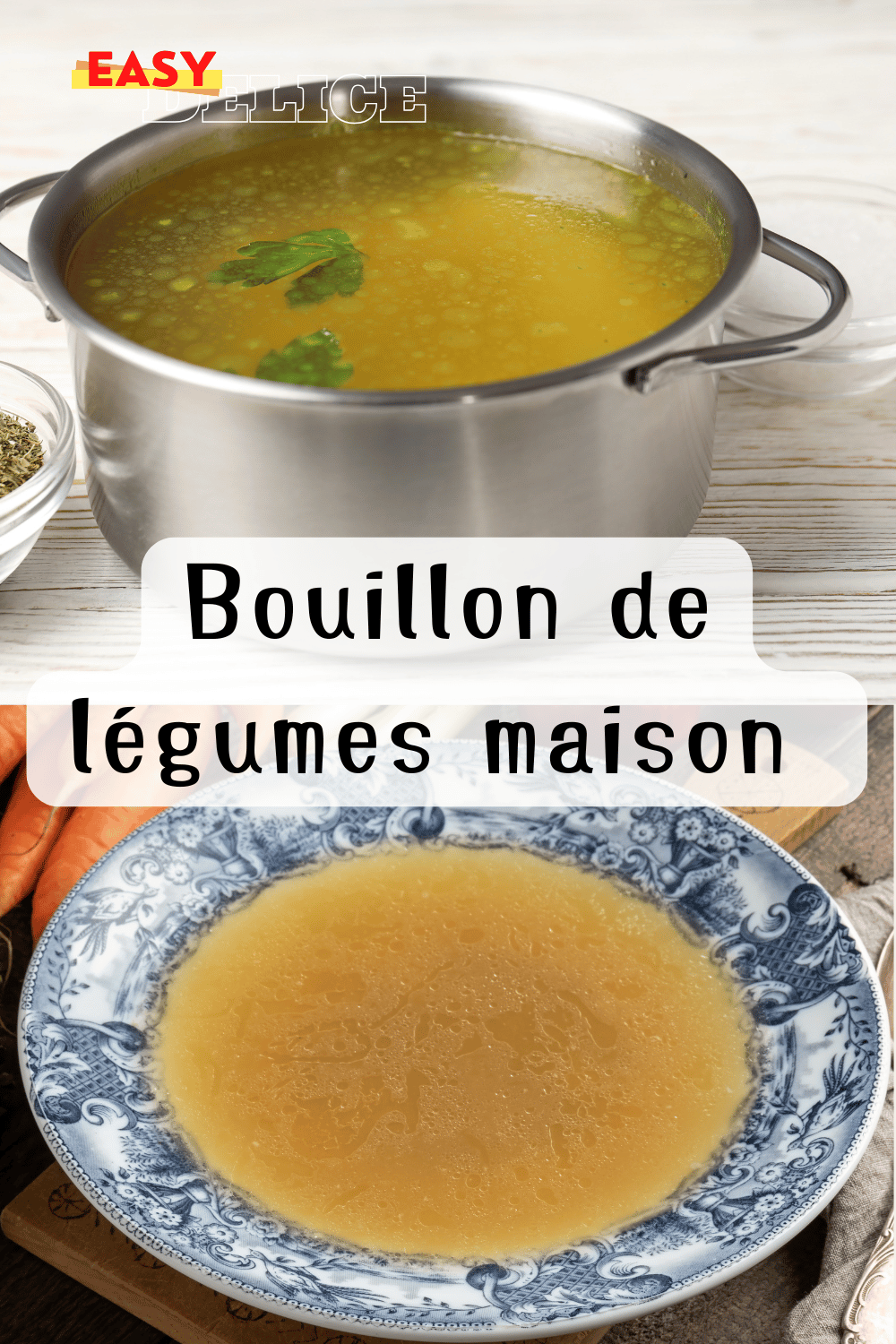 Bol de bouillon de légumes maison, clair et parfumé, avec des herbes fraîches.