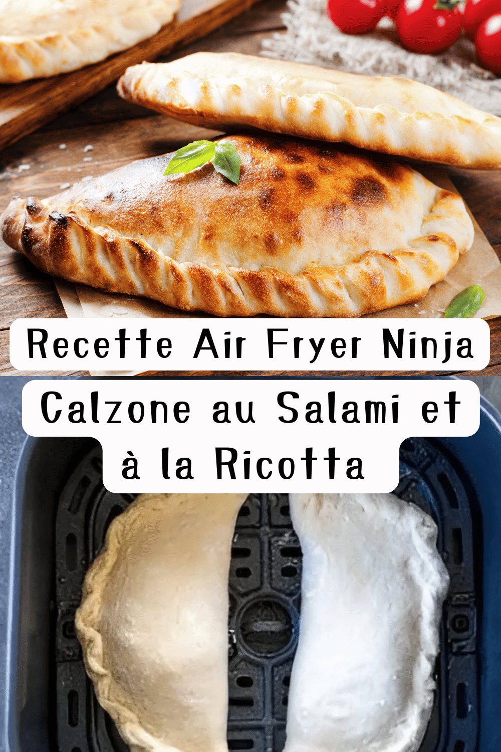 Calzone doré au salami et à la ricotta sorti de l’Air Fryer, tranché avec une garniture fondante