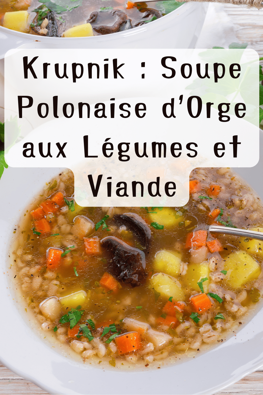 Bol de Krupnik polonais avec orge, légumes et viande, servi chaud avec du persil frais.