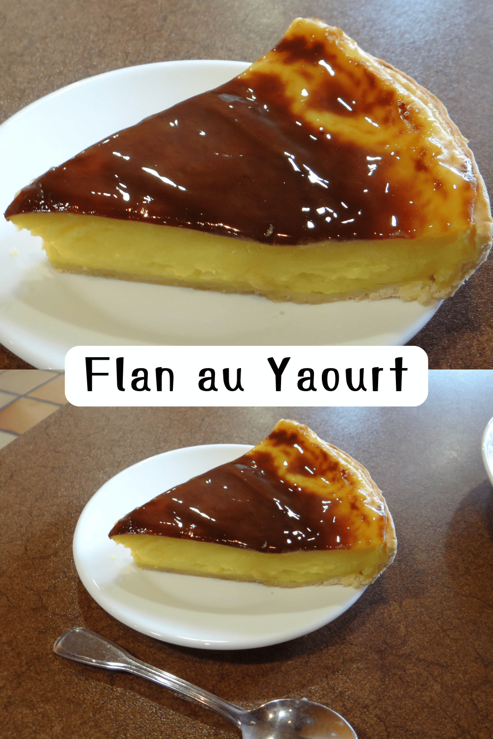  Flan au yaourt doré et moelleux, servi en parts dans une assiette.