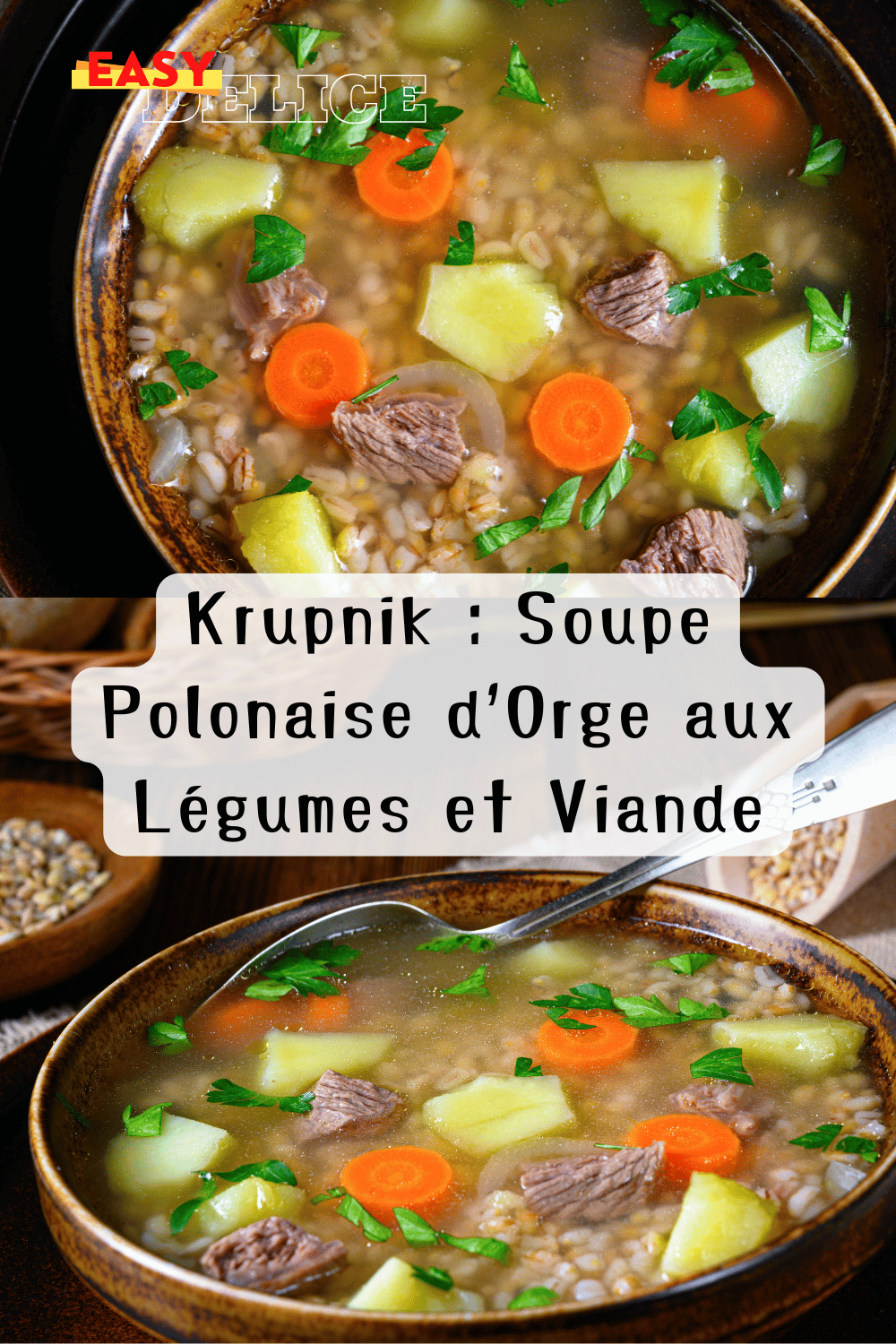 Bol de Krupnik polonais avec orge, légumes et viande, servi chaud avec du persil frais.