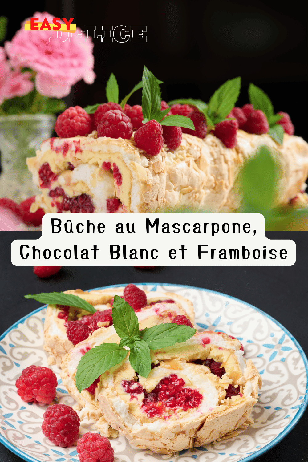 Une bûche au mascarpone, chocolat blanc et framboise élégamment décorée avec des framboises fraîches et des copeaux de chocolat blanc.