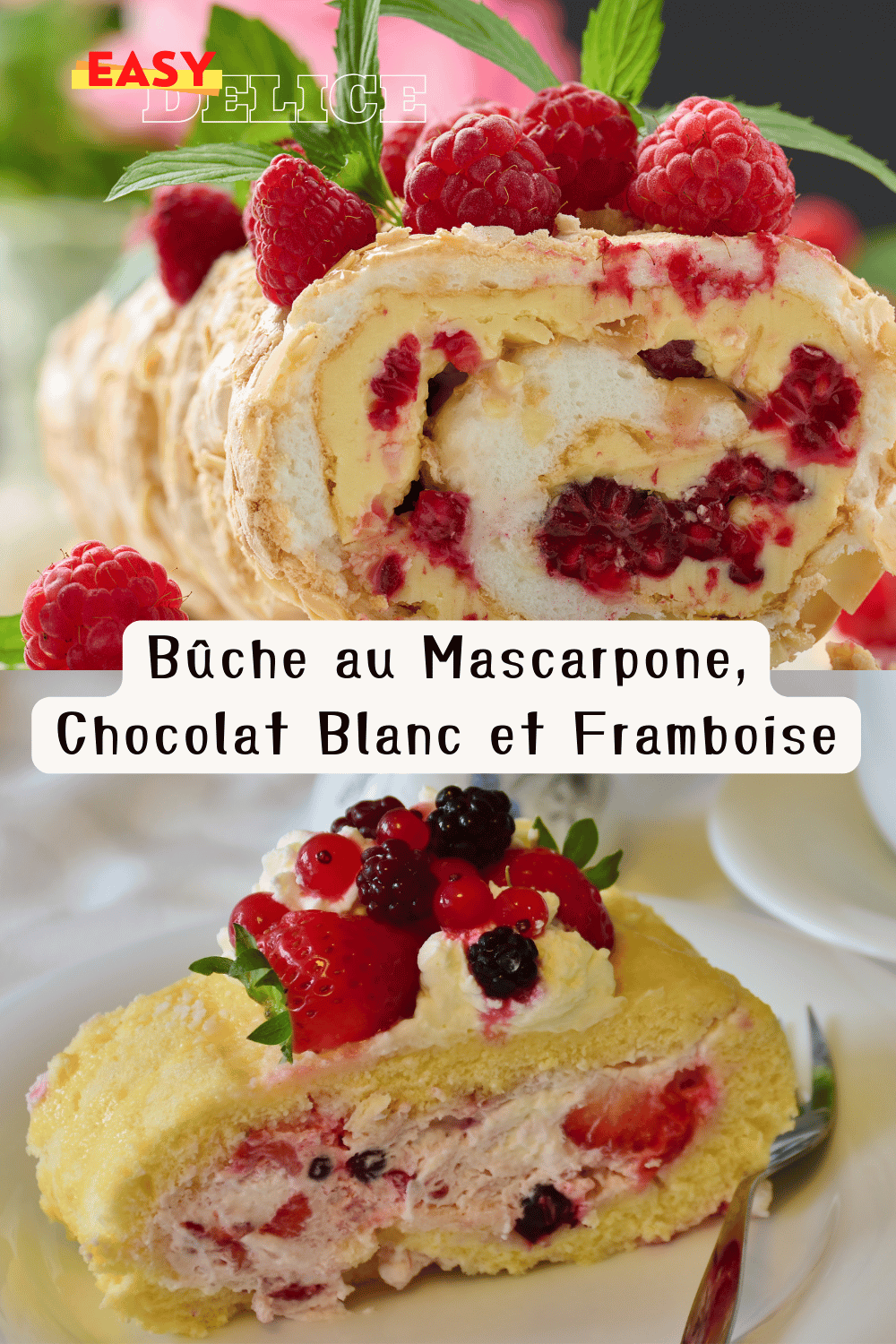 Une bûche au mascarpone, chocolat blanc et framboise élégamment décorée avec des framboises fraîches et des copeaux de chocolat blanc.