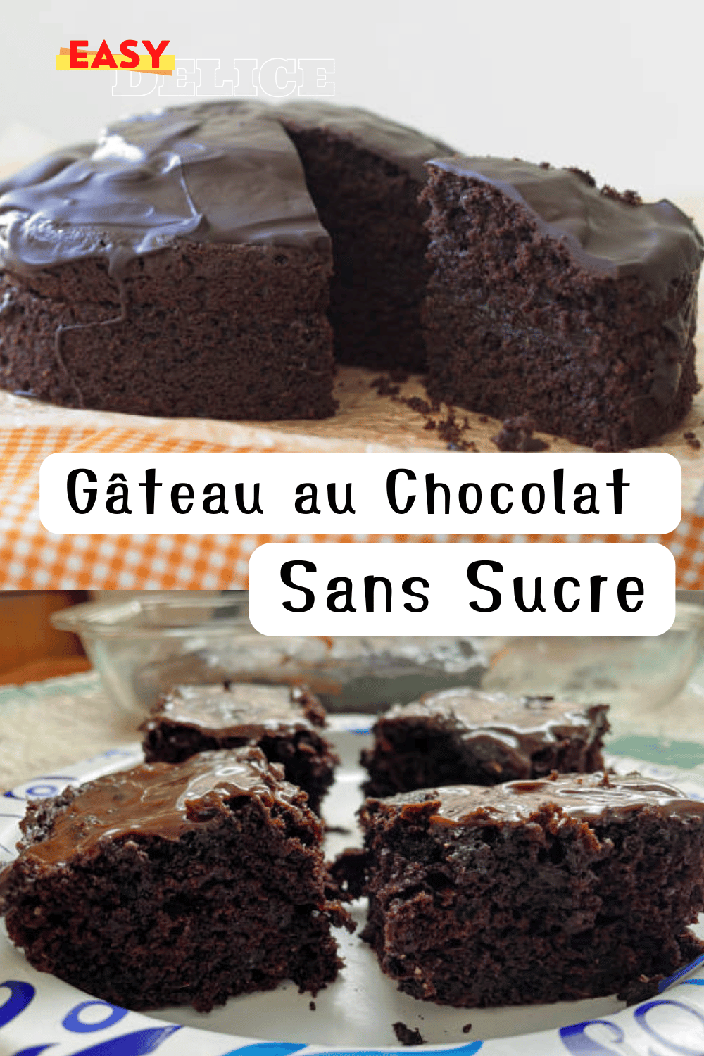 Un gâteau au chocolat sans sucre, moelleux et fondant, présenté avec une garniture de fruits rouges et une touche de cacao en poudre.