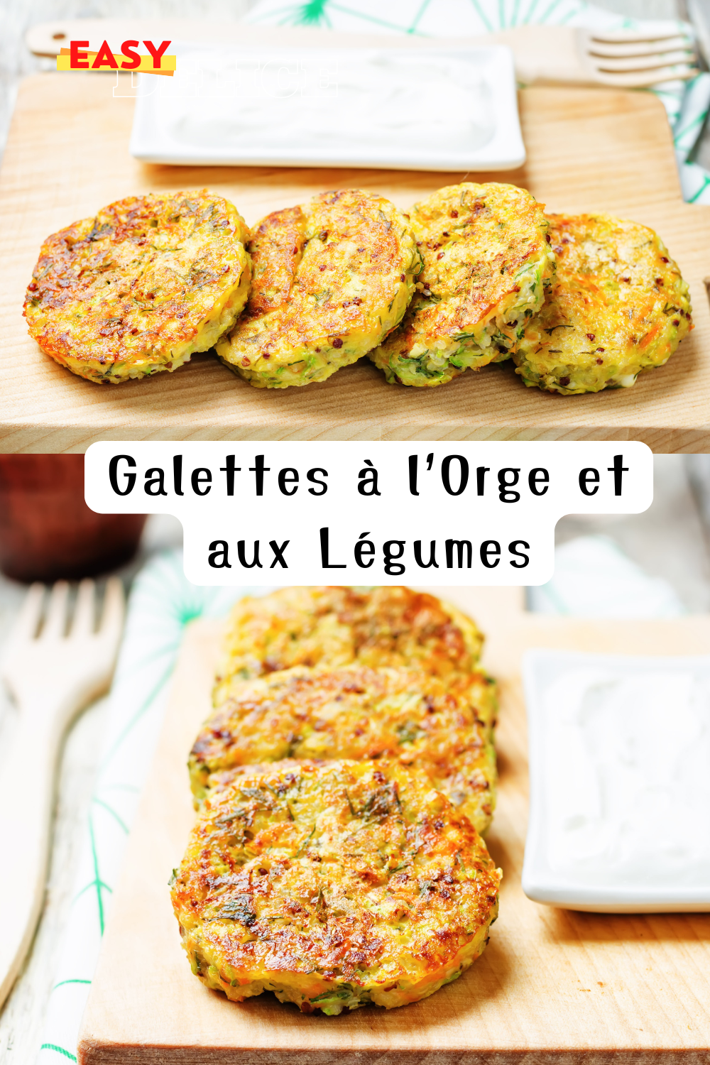 Galettes à l’orge dorées et accompagnées de légumes croquants, servies sur une assiette rustique.