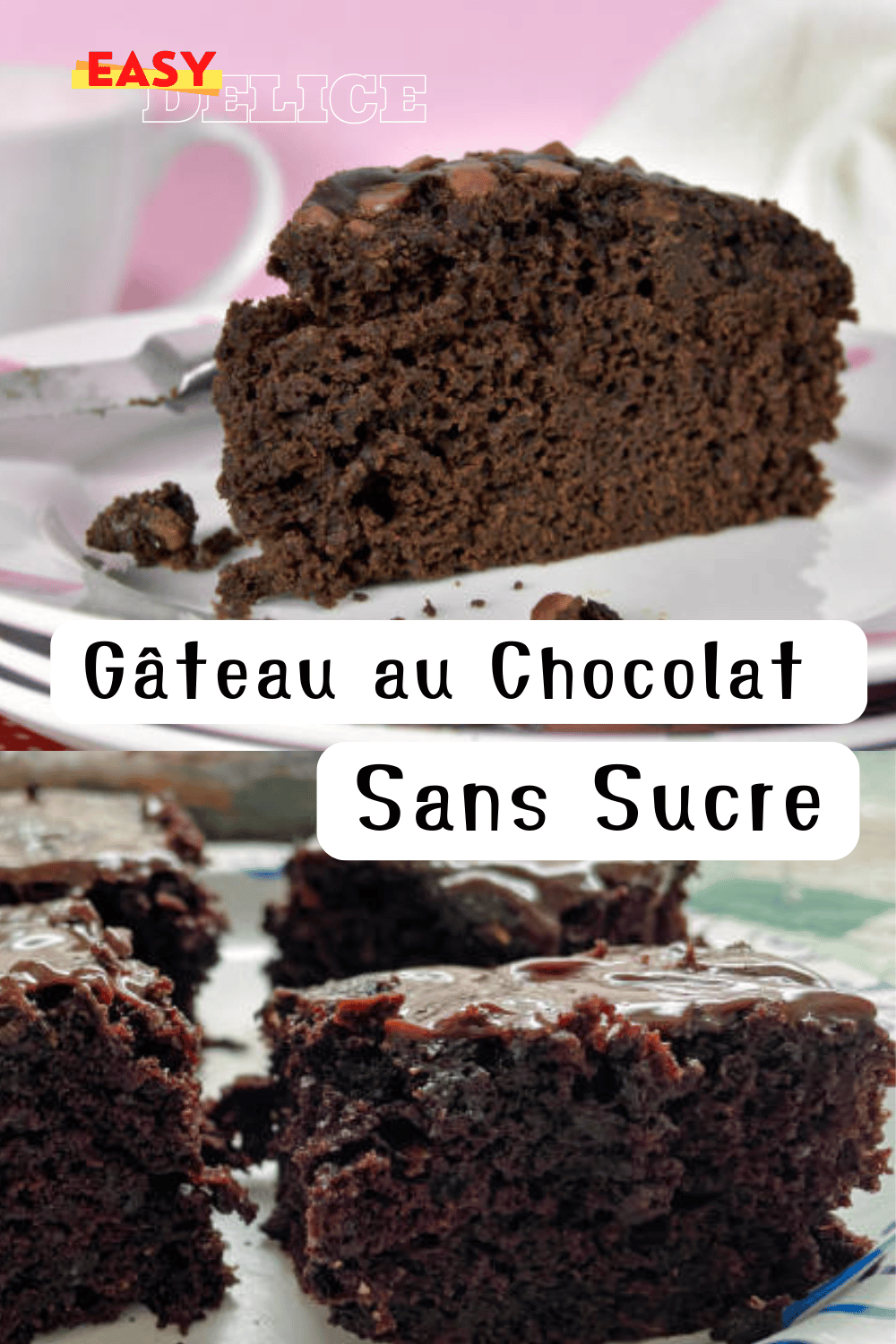 Un gâteau au chocolat sans sucre, moelleux et fondant, présenté avec une garniture de fruits rouges et une touche de cacao en poudre.