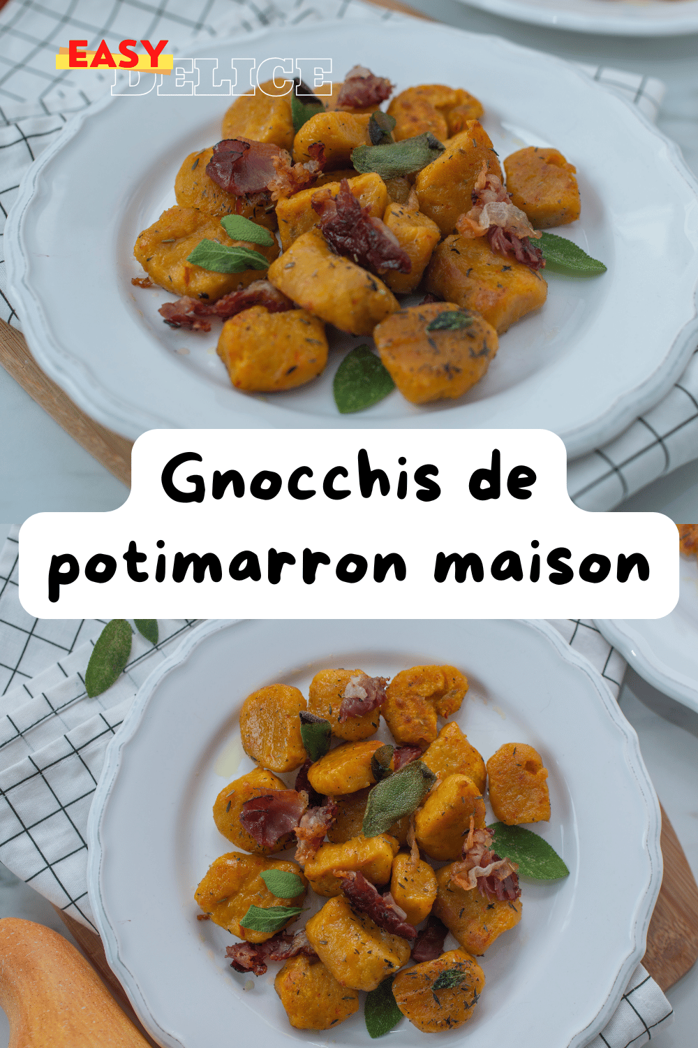 Gnocchis de potimarron dorés, garnis de sauge et de parmesan dans une assiette élégante.