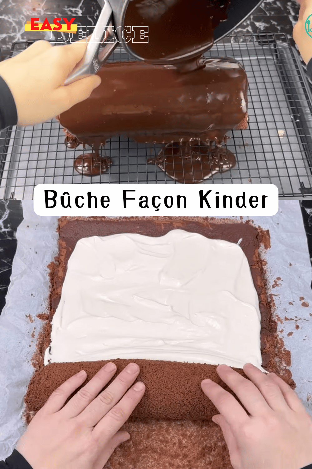  Une bûche façon Kinder, garnie de crème chocolatée, recouverte d’un glaçage brillant, et décorée de noisettes et éclats de chocolat.