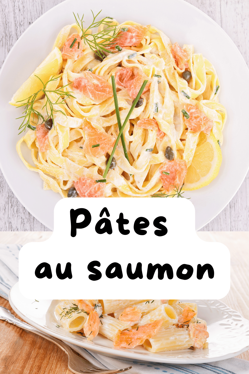 Assiette de pâtes au saumon avec une sauce crémeuse et garniture d’aneth frais.