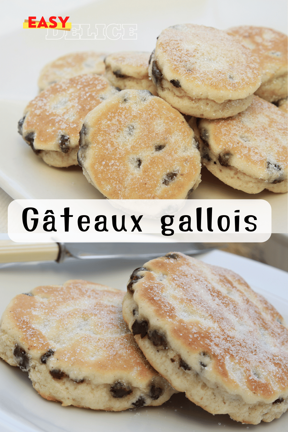 Assortiment de gâteaux gallois moelleux et dorés servis sur une assiette, saupoudrés de sucre.