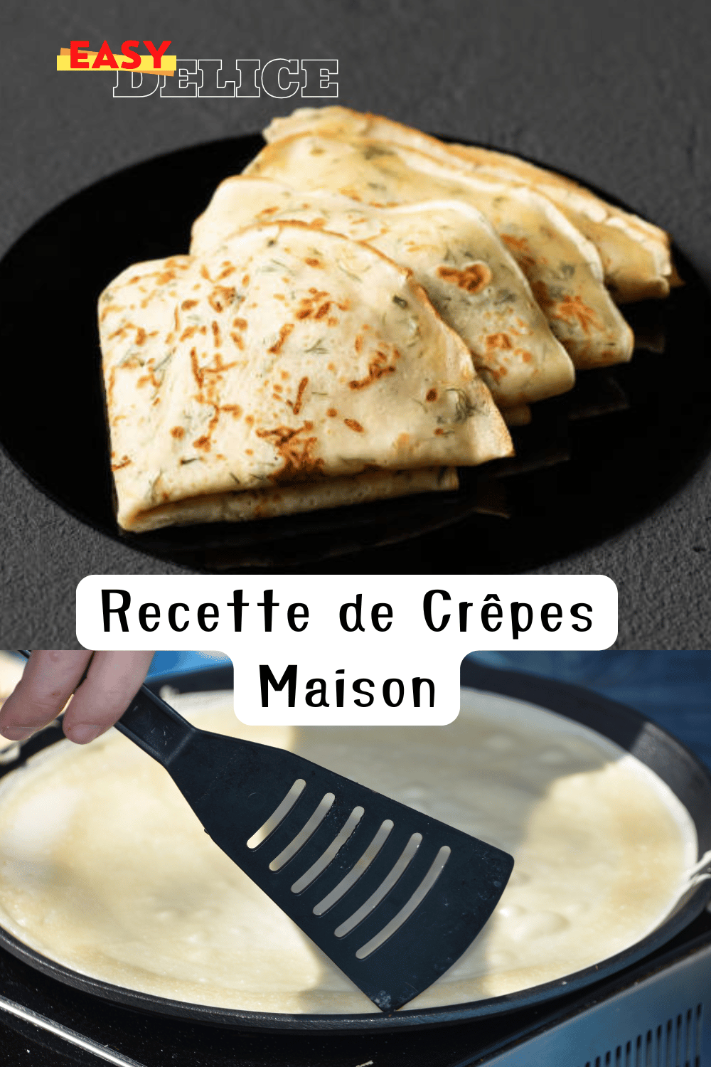 Une pile de crêpes maison dorées, garnies de Nutella et de fruits, sur une table avec un fouet et une casserole à côté.