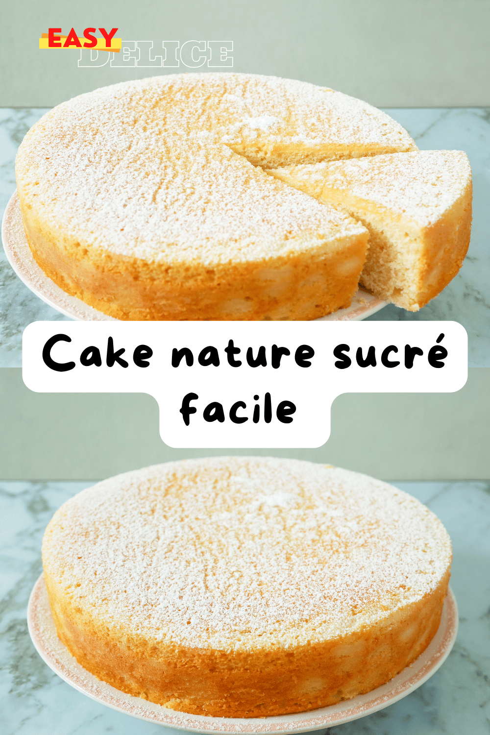 Cake nature sucré doré, tranché et servi avec une tasse de thé.