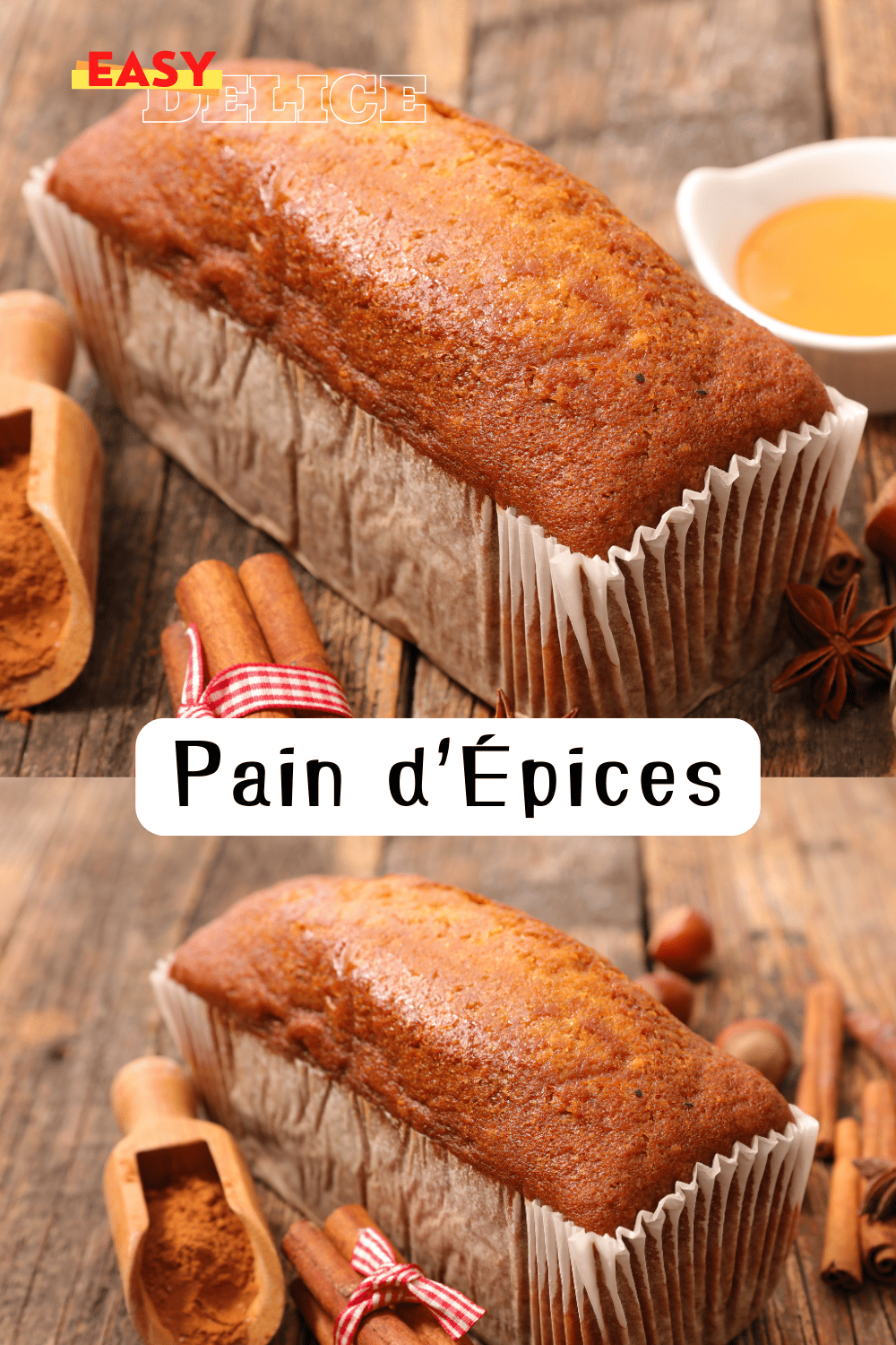 Pain d’épices doré et moelleux, tranché et garni de miel, présenté sur une planche avec des épices en arrière-plan.