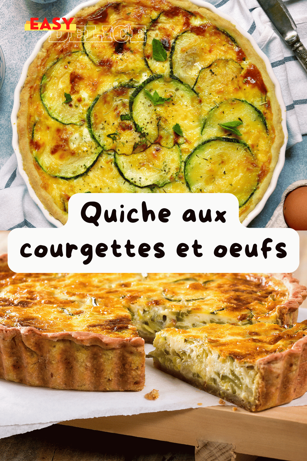 Quiche aux courgettes dorée, garnie de rondelles de courgette et d’œufs, servie avec une salade verte.